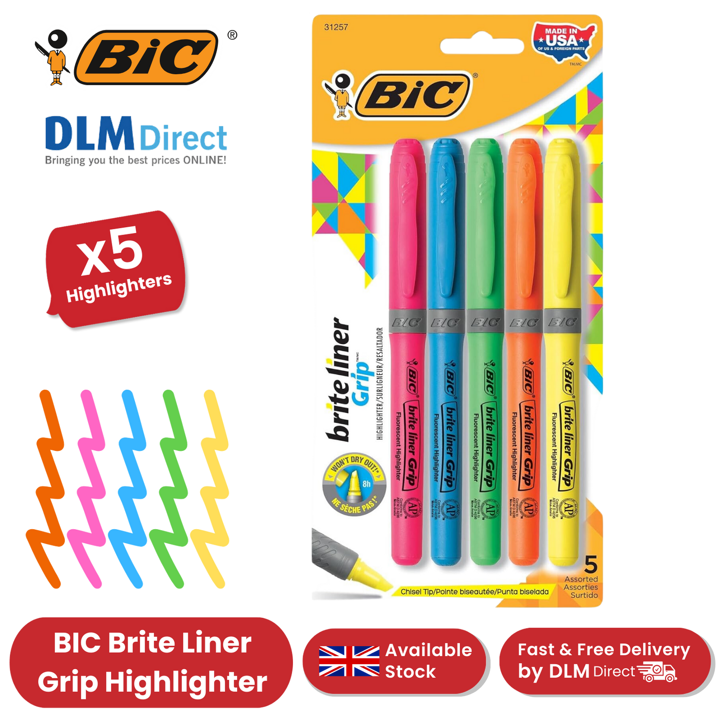 Bic brite liner Grip (1.6 to 3.3 mm) Chisel Tip Highlighter Pen Assorted (1 x Pack of 5 Highlighter Pens) - 1 to 5 Packs