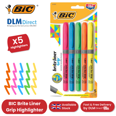 Bic brite liner Grip (1.6 to 3.3 mm) Chisel Tip Highlighter Pen Assorted (1 x Pack of 5 Highlighter Pens) - 1 to 5 Packs