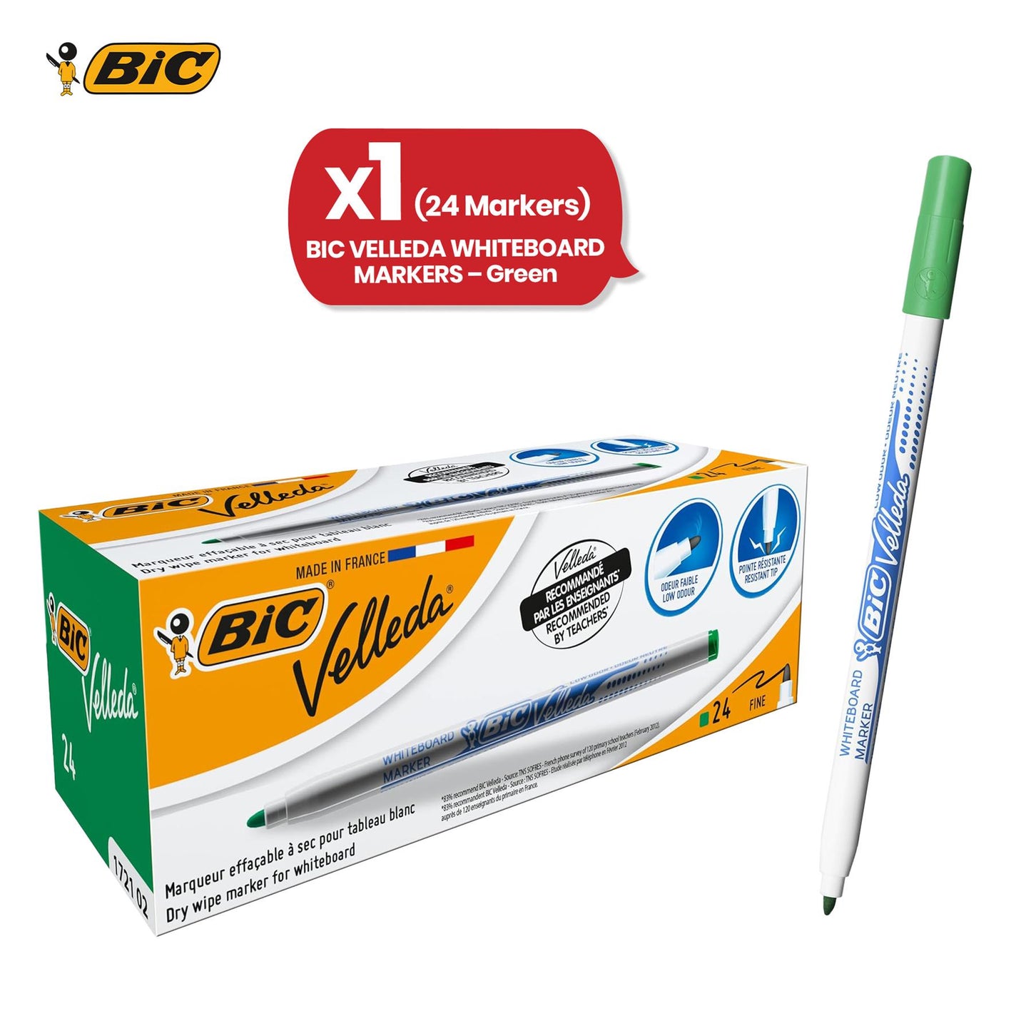 BiC Velleda 1721 Green Dry-Wipe Whiteboard Markers for Bold, Clean Writing, x24