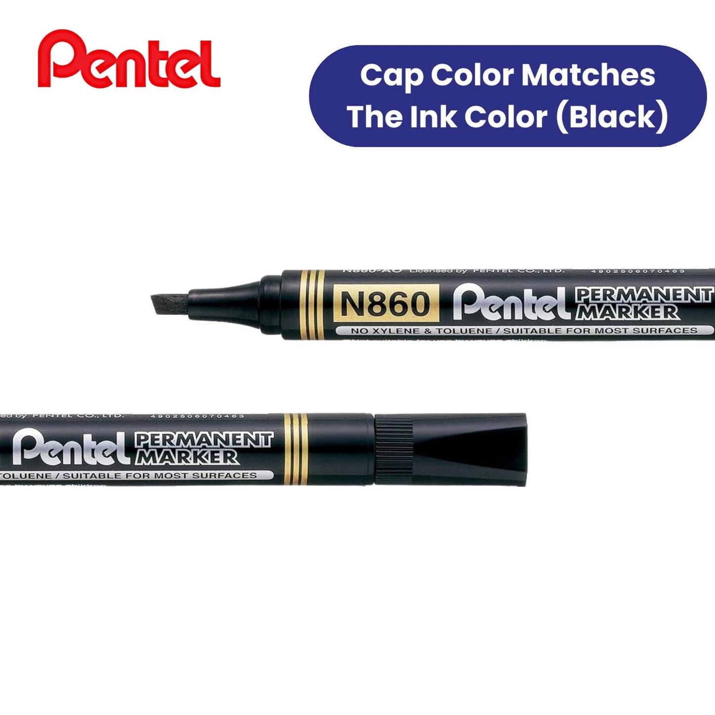 Pentel N860 PERMANENT CHISEL MARKER BLACK - Pack of 12