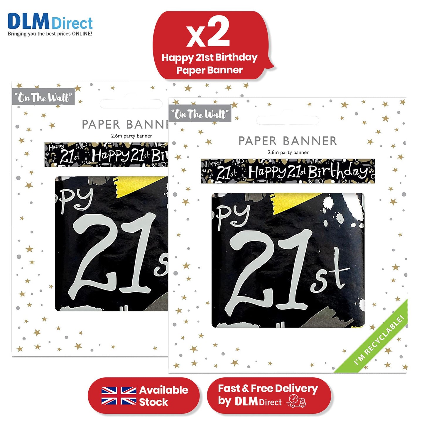 Happy 21st Birthday Black and White Recyclable Banner - 2.6m