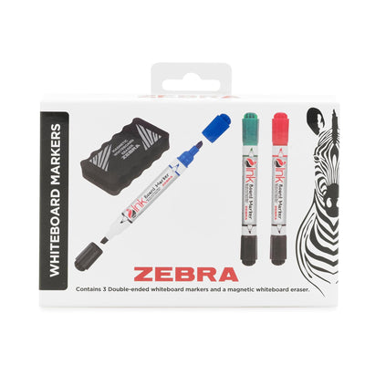 Zebra Dual Tip Whiteboard Marker Pens Pack of 3 with Magnetic Eraser 3mm Bullet Tip for Home School Office Writing Boards and Weekly Planning Use