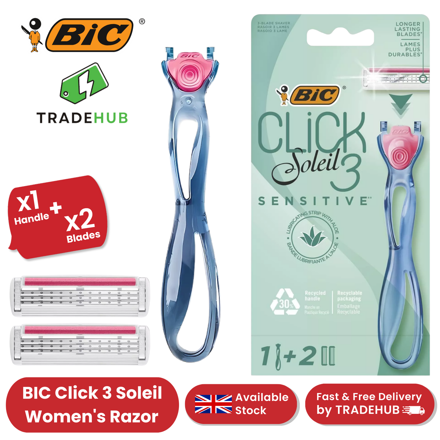 BIC Click 3 Soleil Sensitive Women's Razor Refills - 1 Handle + 4 Blades -1 to 5