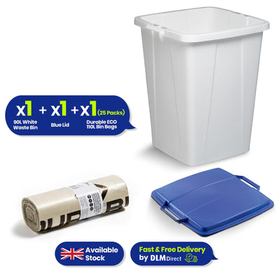 DURABIN 90L White Bin with Blue Lid and 25x 110L Recycled Bin Bags for Everyday Use