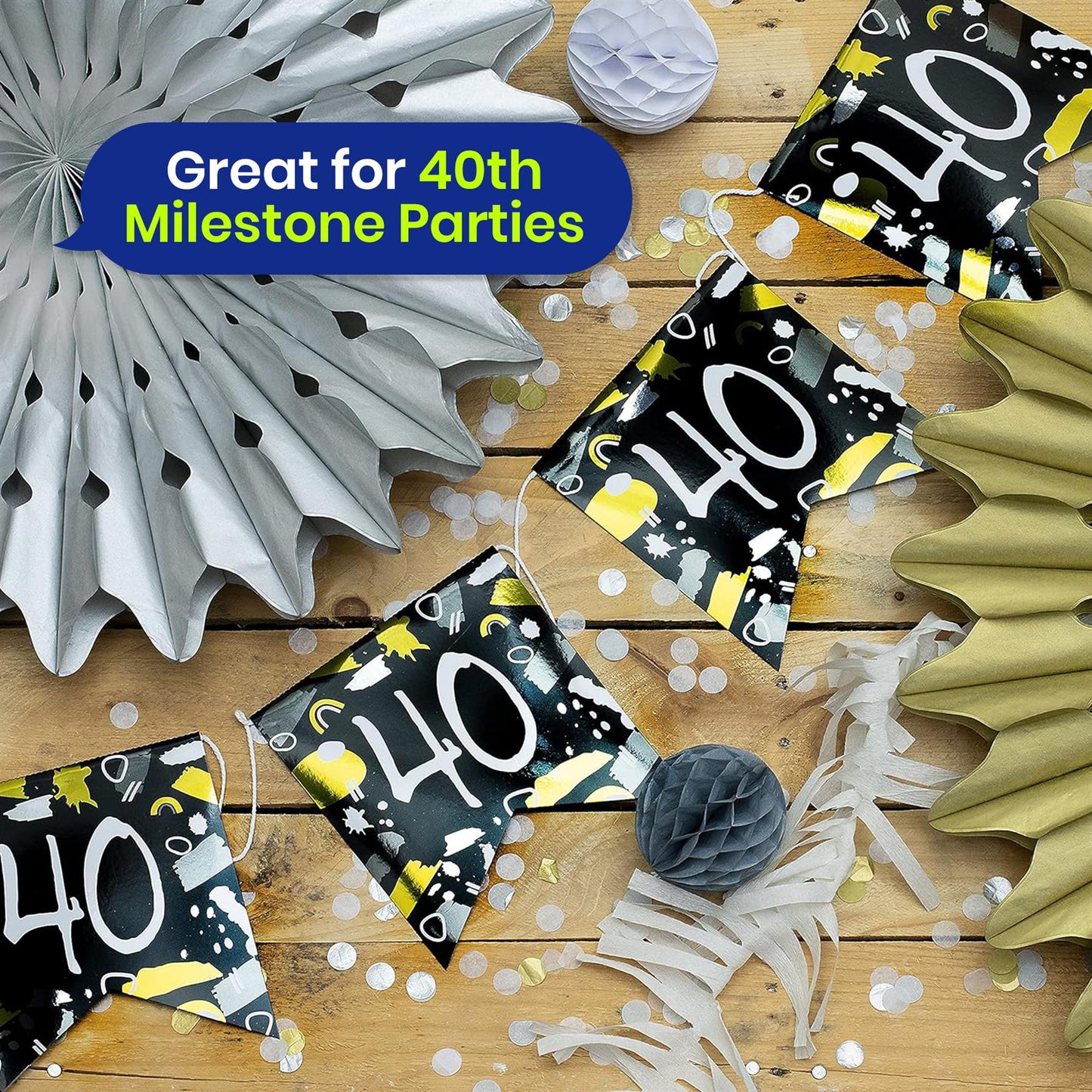 Black and White 40th Birthday Banner and Bunting Decor Set for Party Spaces