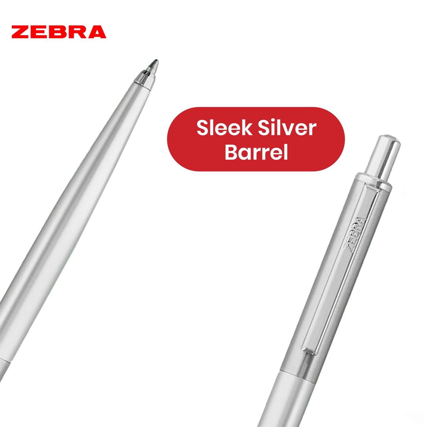 Zebra Ballpoint, Stainless Steel Retractable Pen Refillable Fine Point Biro for Presentation, Meeting & Assignments-Silver