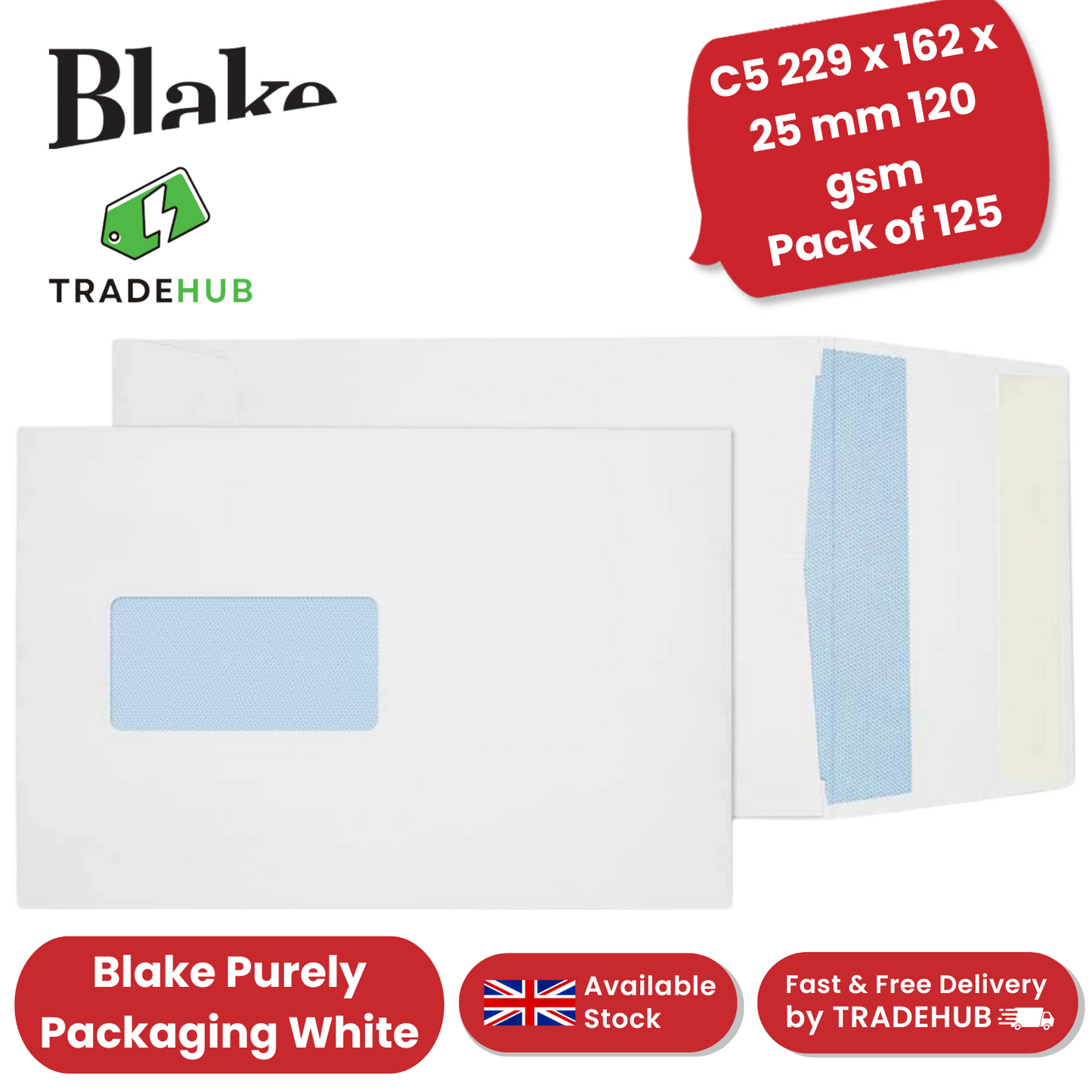 Blake Purely Packaging C5 229 x 162 x 25 mm 120 gsm Window Envelopes (6001) Whit