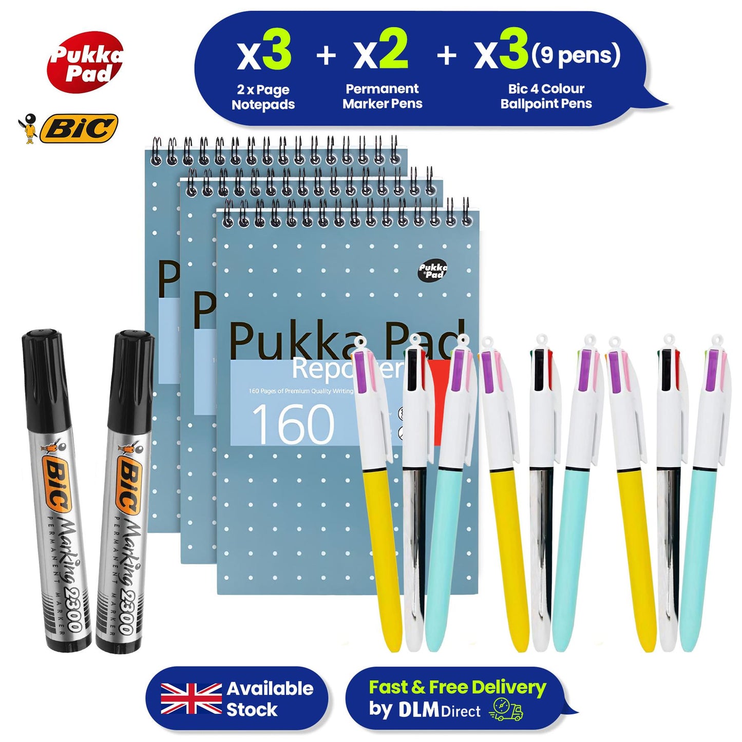 Daily Pukka Notepads 3 Packs With Bic 4 Colour Pens Pack Of 9 & Bic 2300 Permanent Markers Pack Of 2