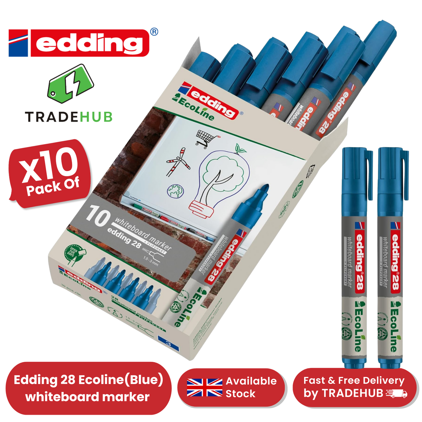 edding 28 Ecoline whiteboard marker - blue - box of 10 whiteboard pens-Pack 2-36