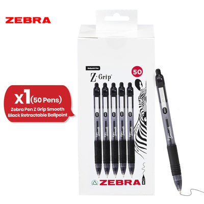 Zebra Smooth  Ballpoint Pen Black Z Grip Retractable Pen 1.0mm Medium Point Biro for School Office (Pack of 50)