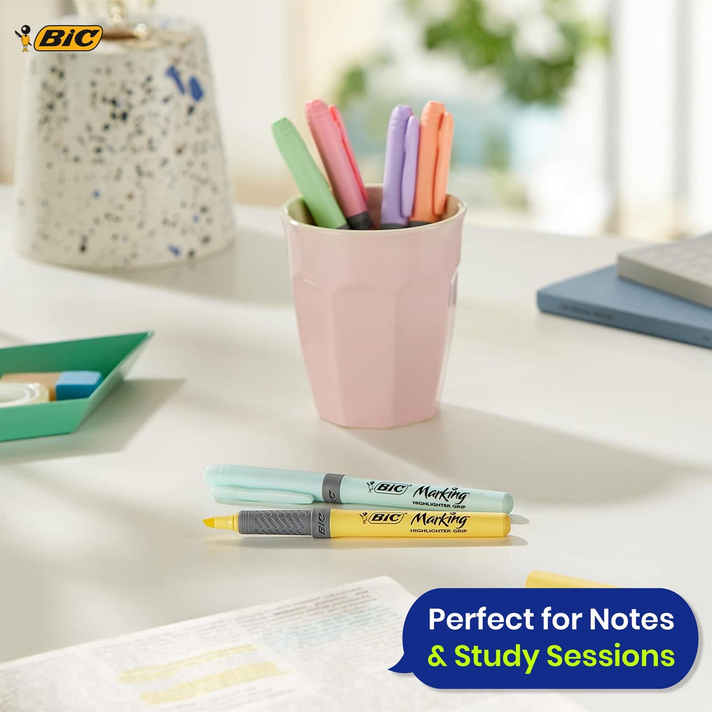 BIC Highlighter Grip Pastel, Highlighter Pens with Adjustable Chisel Tip, Assorted Colours, Pack of 6