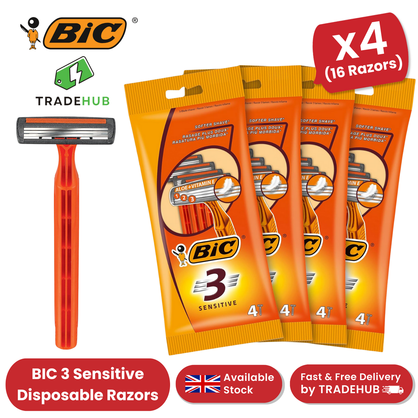 Bic 3 Sensitive Razors - 4 Packs (16 Razors)