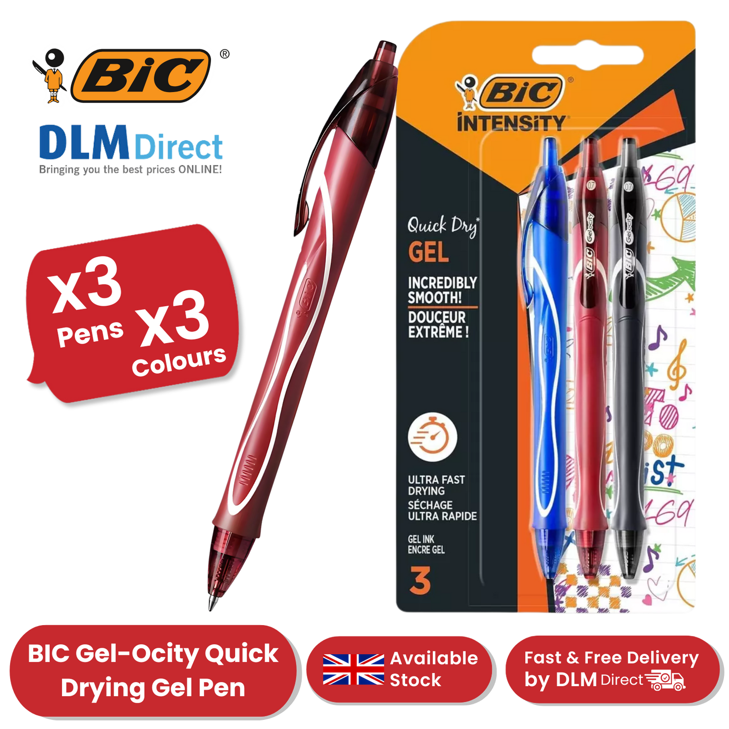 BIC Gel-ocity Quick Drying Gel Pen, Assorted Colours, 3 Pack
