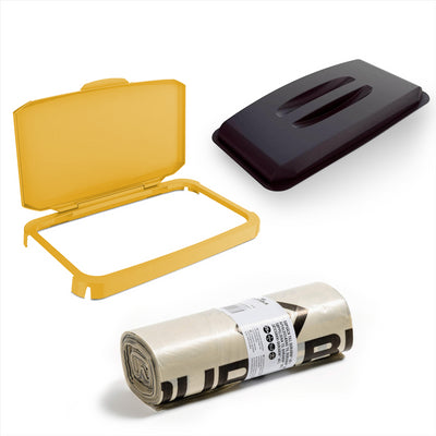 Durable DURABIN Lid Eco Black for 60 Litre Waste Bin+ Durable Durabin Hinged Lid - Yellow+ Durable ECO 110L Bin Bags 100% Recycled