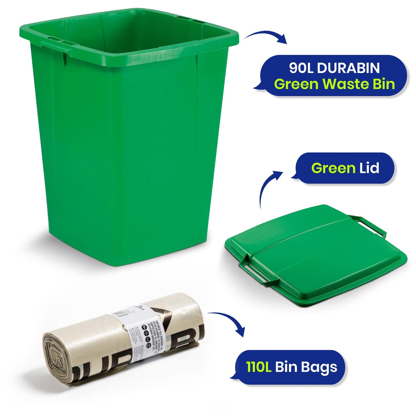 Durable DURABIN 90 Rectangular Waste Bin Green+ Durable DURABIN 90 Lid Green+ Durable ECO 110L Bin Bags 100% Recycled