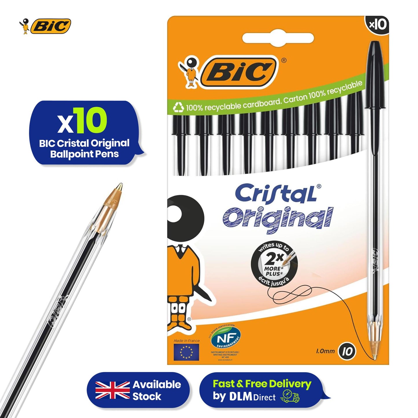 Bic Cristal Original Ballpoint Pens Medium Tip (1mm), Black, Blister of 10