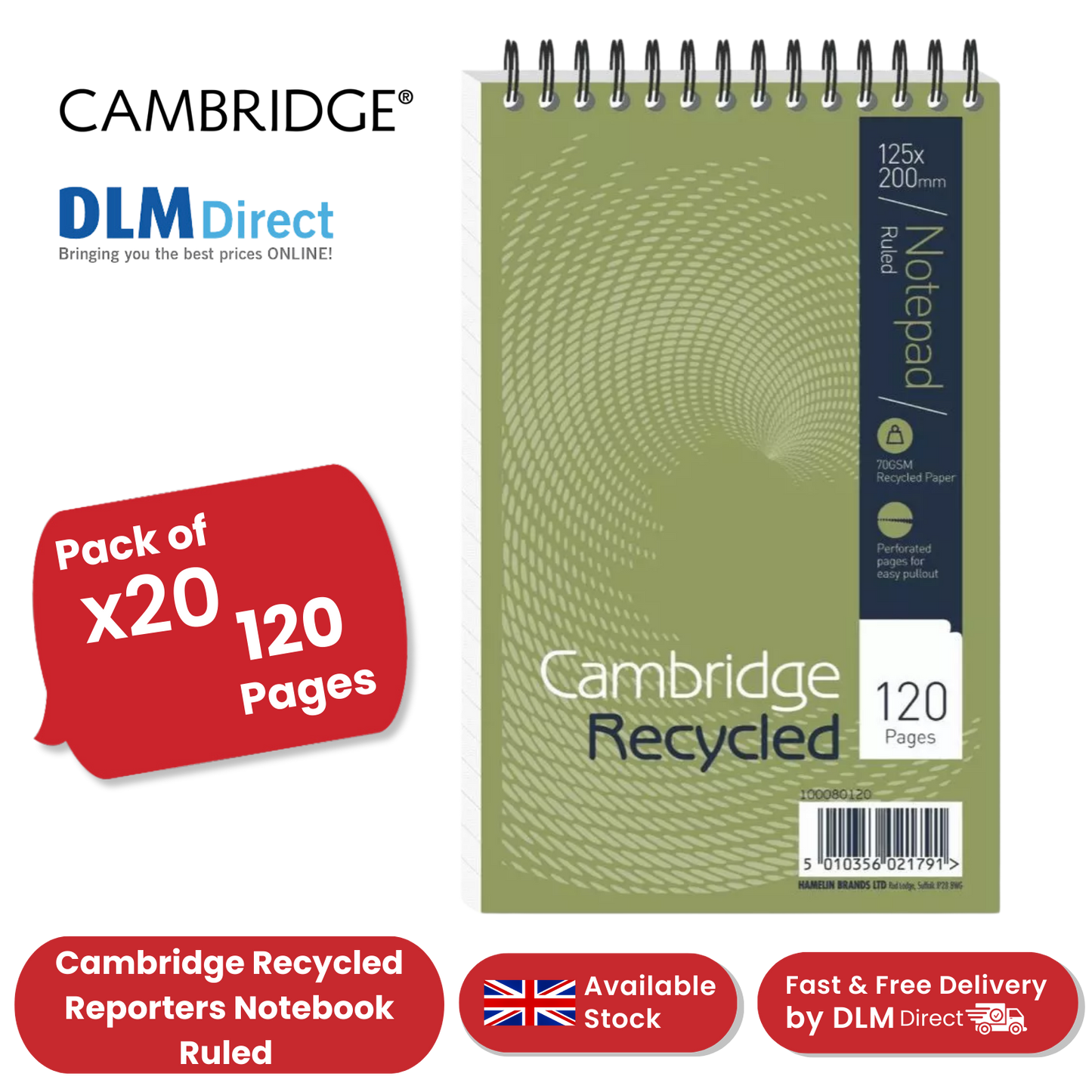 Cambridge Recycled Reporters Notebook Ruled 120 Pages (Pack of 10)