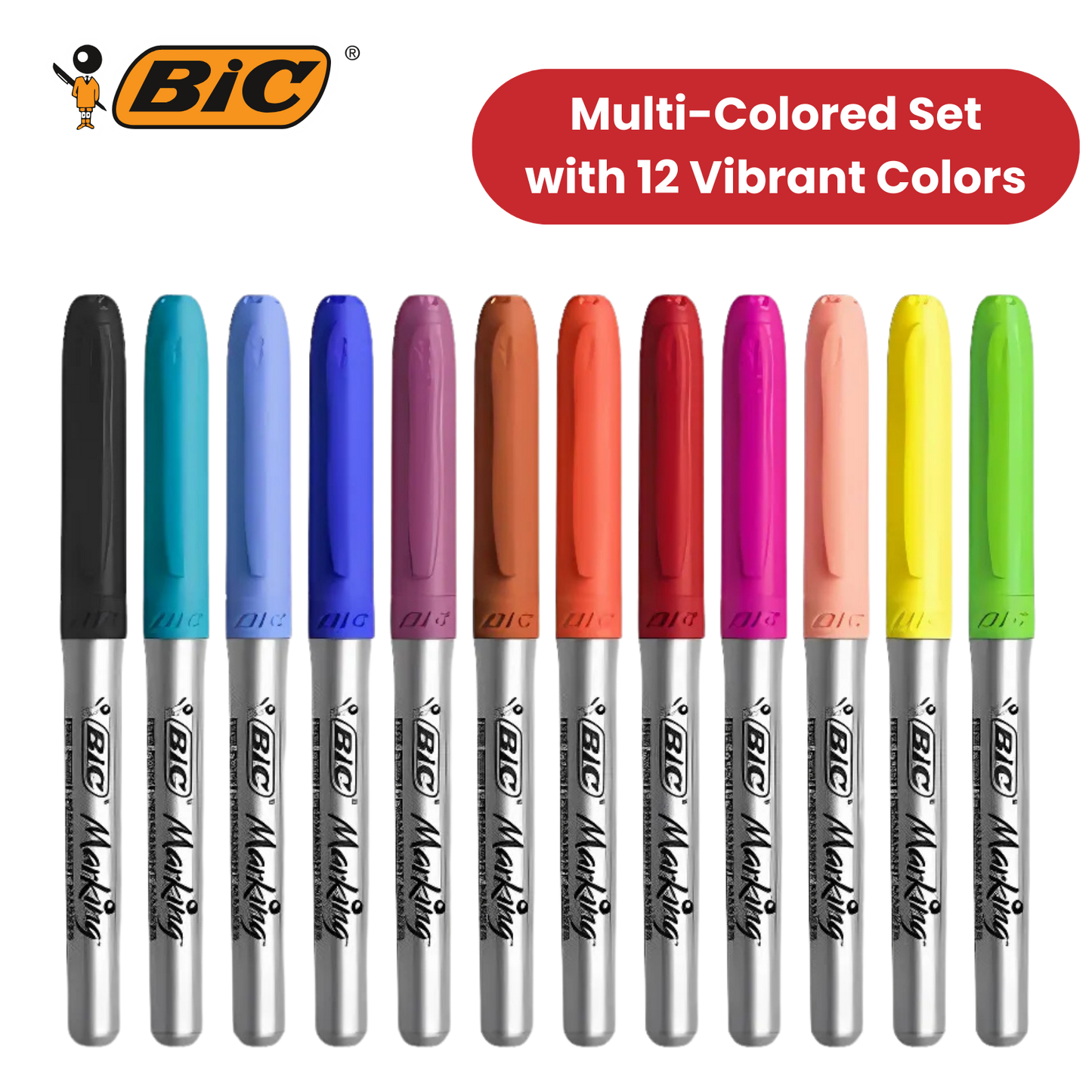 BIC PERMANENT MARKERS FINE ASSORTED - PACK OF 12