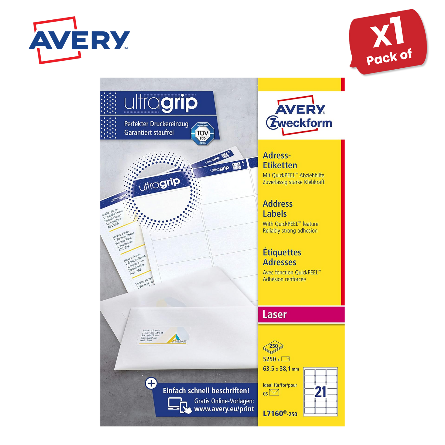 Avery L7160-250 Address Labels, 250 Sheets, 5250 Labels 63.5 x 38.1mm - 1 to 5
