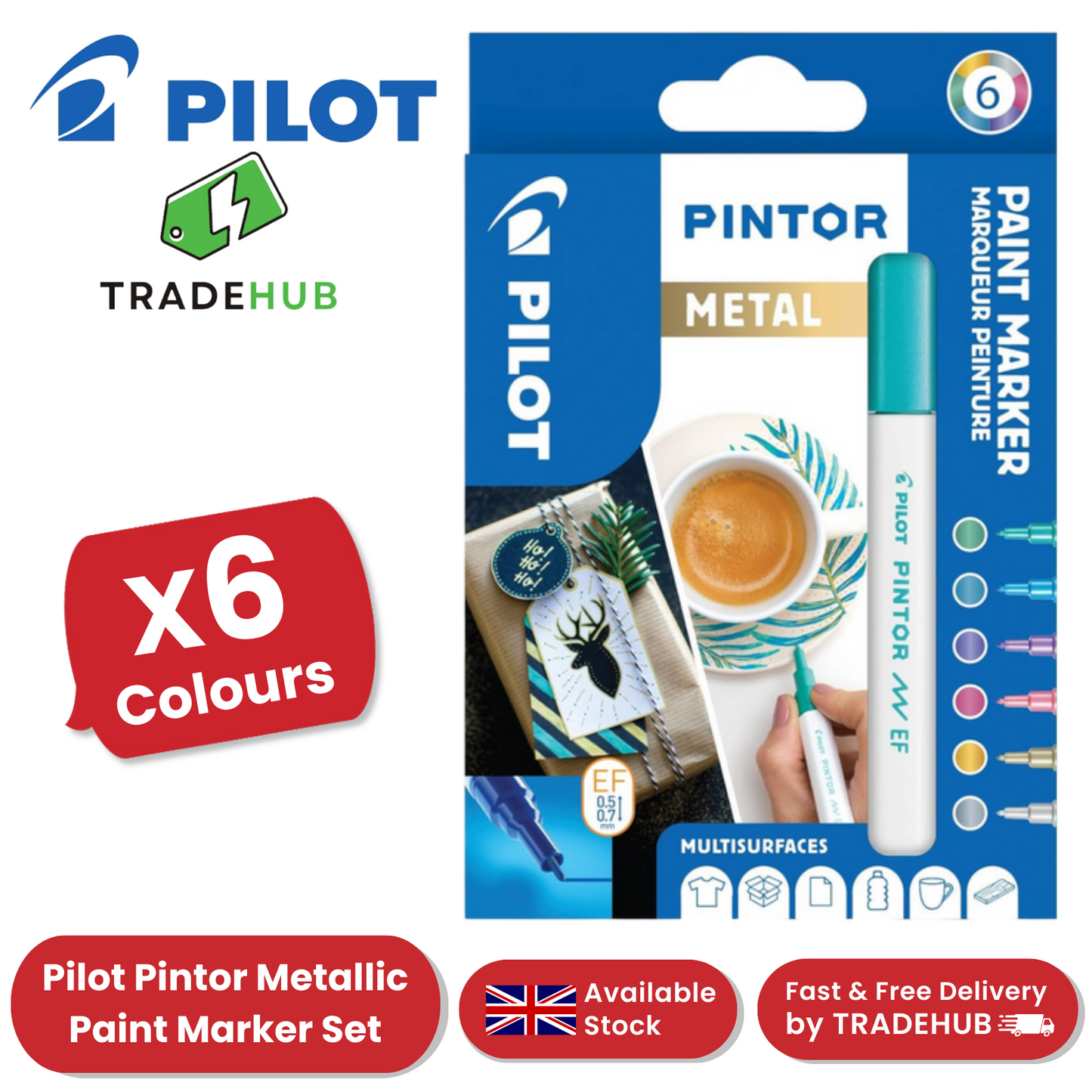 Pilot Pintor - Wallet of 6 Extra Fine - Gold, Pink, Blue, Green, Violet, Silver