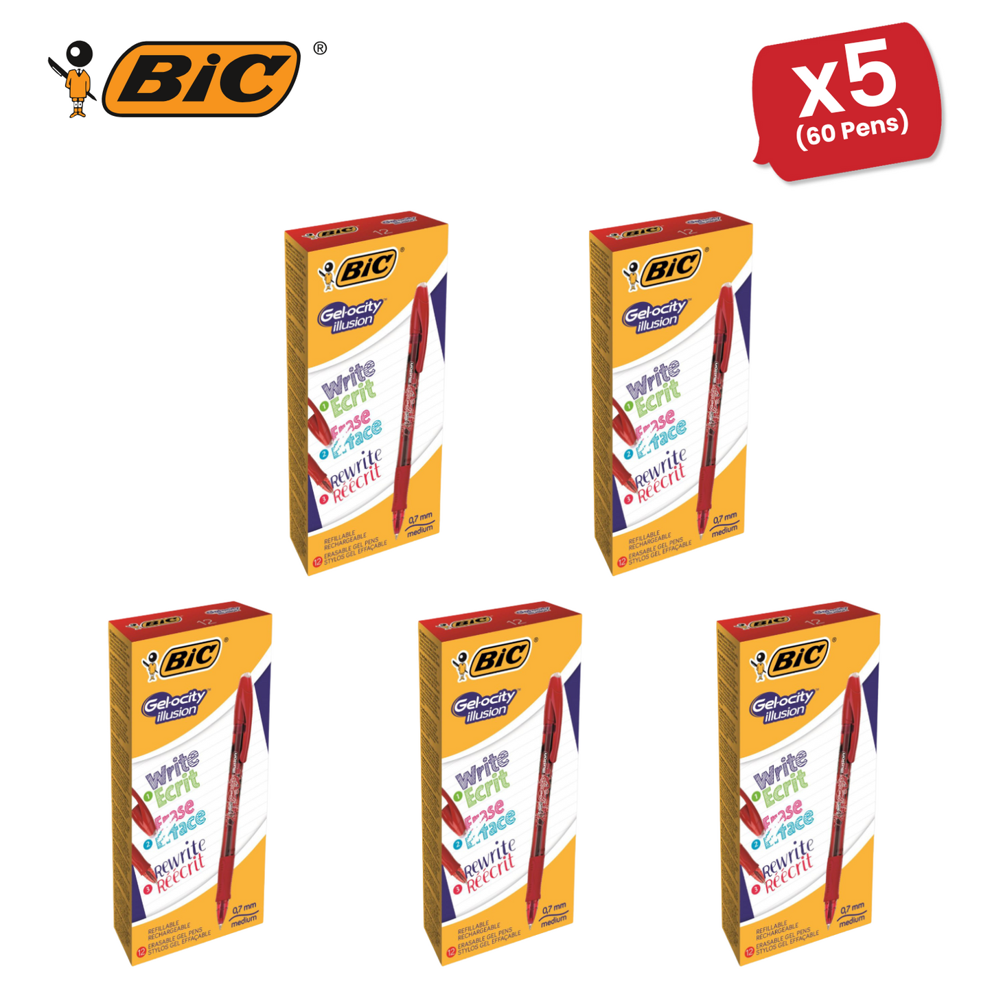 Bic Gel-ocity Illusion Medium Erasable Ink Rollerball Pen 0.7mm & 0.3mm Red