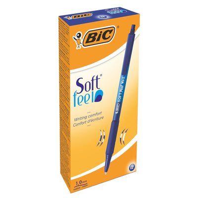 BIC Soft Feel Clic Grip Pens Pack of 12 Blue Ballpoint Pens with 1mm Tip