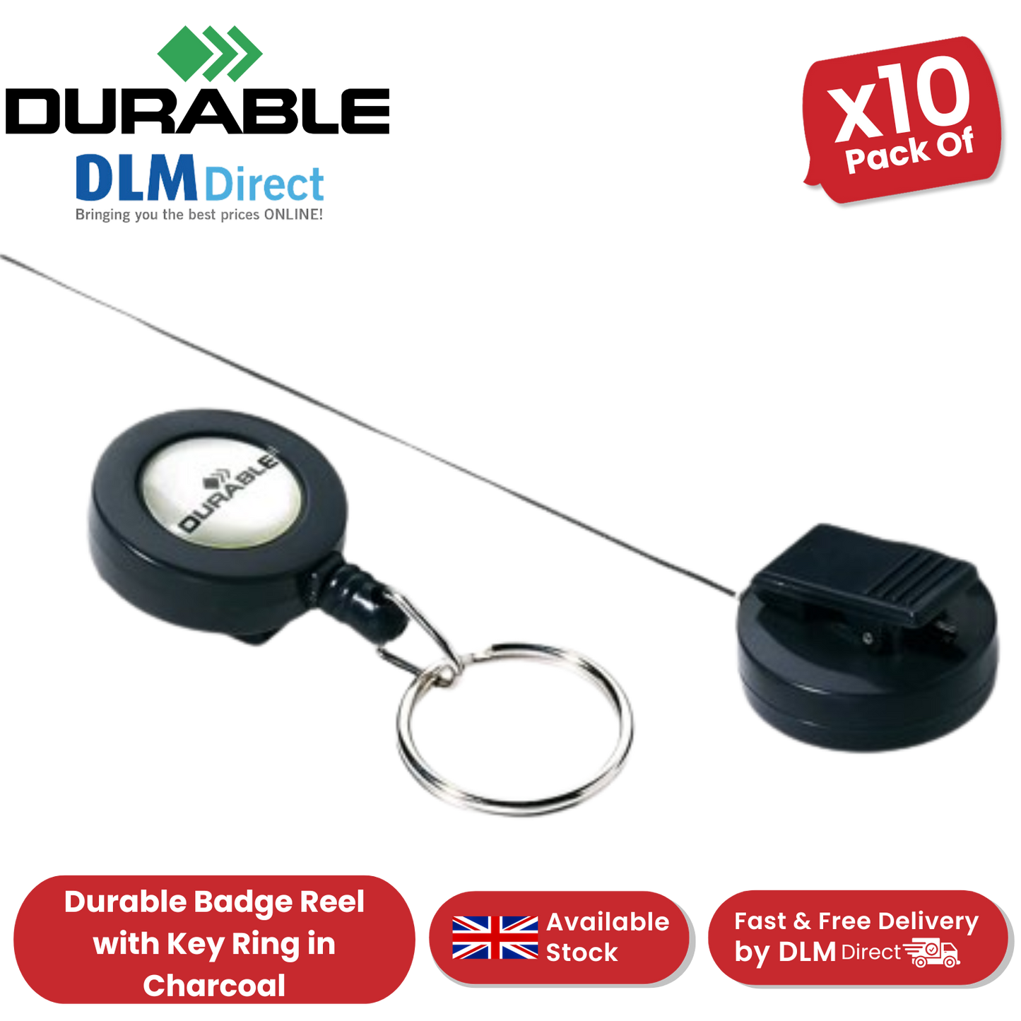 Durable Badge Reel with Key Ring in Charcoal - Pack of 10 - Pack 1-5