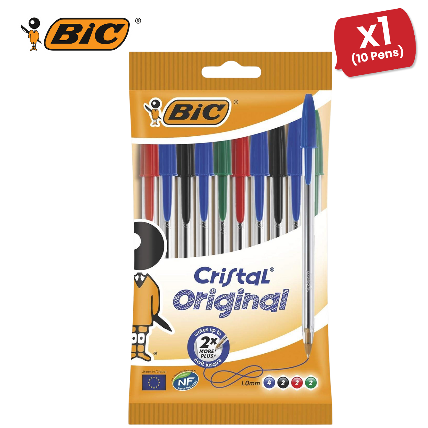 BIC Cristal Original Ballpoint Pens, Fine 1.0mm, 10 Assorted Colours, Comfortable Grip for School and Office