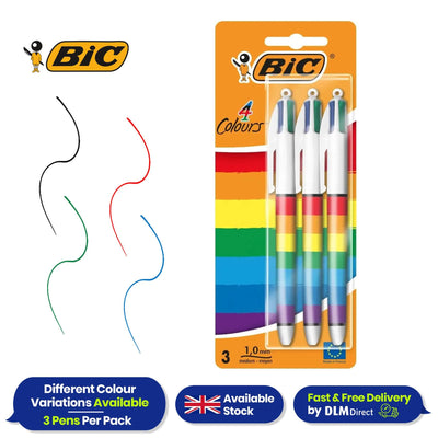 BIC 4 Colours Original retractable ball pen -  Blister Pack of 3 - Rainbow Barrel