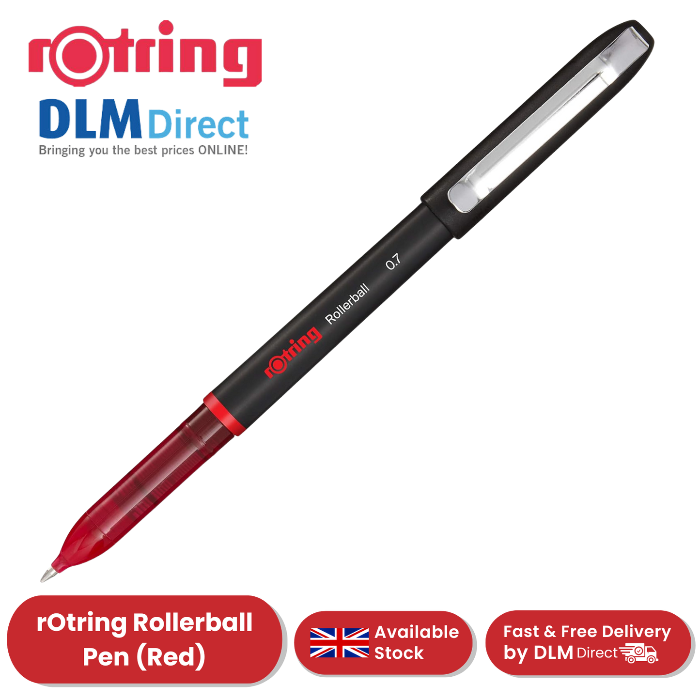 rOtring Rollerball Pen Fine Point 0.7mm - Red Ink, Smooth & Precise Writing