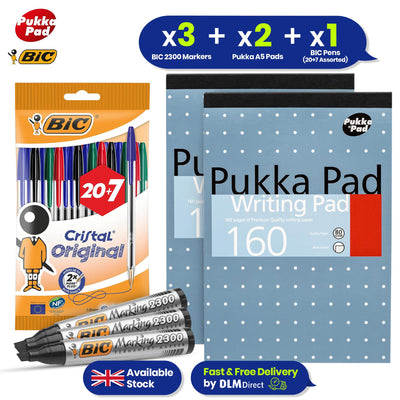 BIC Cristal Ballpoint Assorted Pens 1 pack (20+7) & Pukka Pad A5 Writing Pad 2x & BIC Markers 3x Stationery Pack