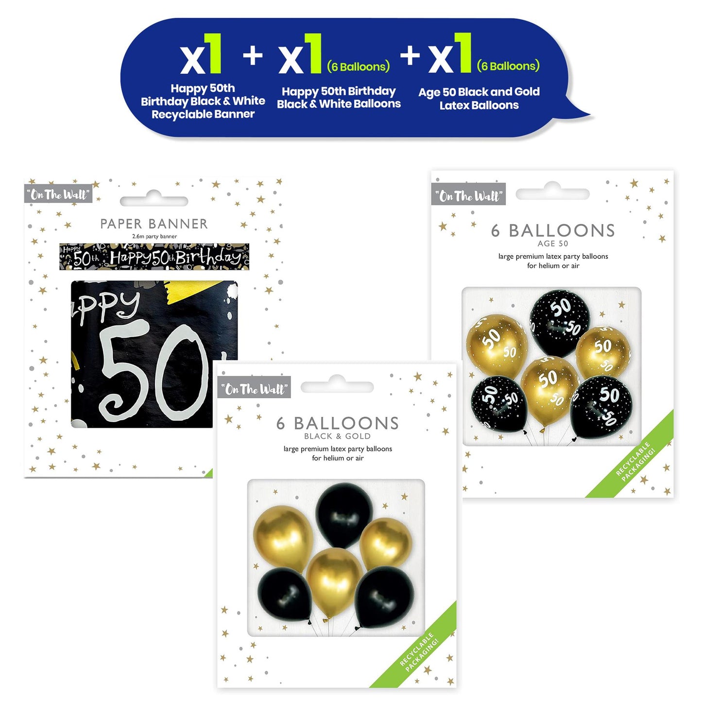 Black and Gold Balloons with 50th Birthday Banner Party Decoration Set 12 Inch