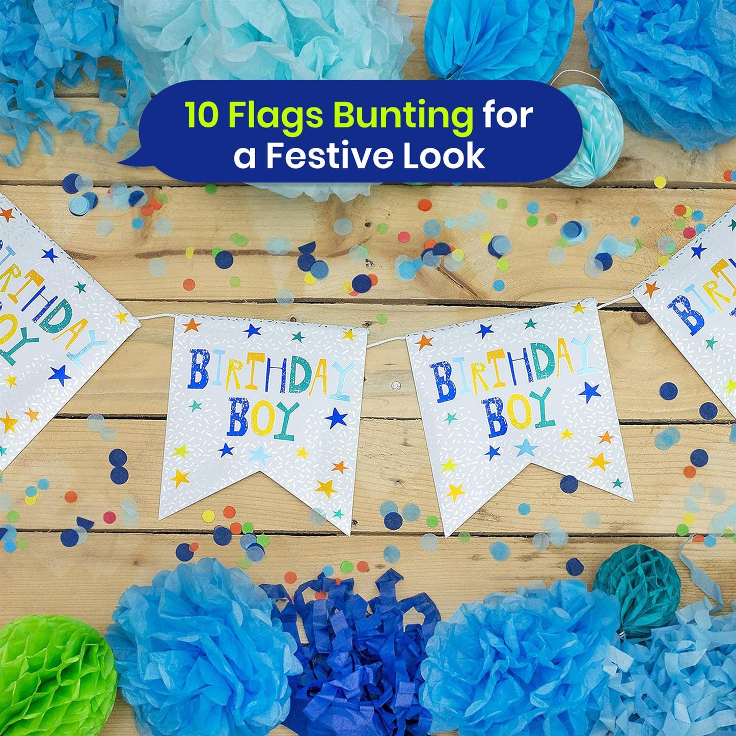 Birthday Boy Banner and Bunting Set Party Decor Pack with 10 Flags and Paper Strip