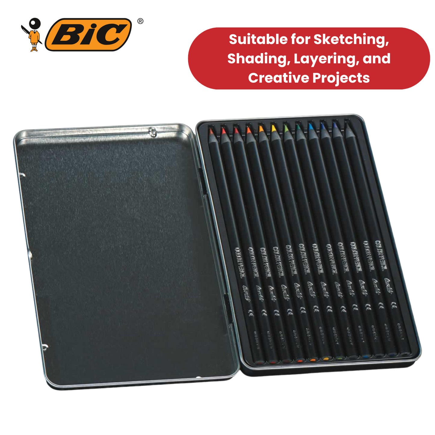 BIC Conte Colouring Pencils - Wood Free Colouring Pencils - Tin of 12