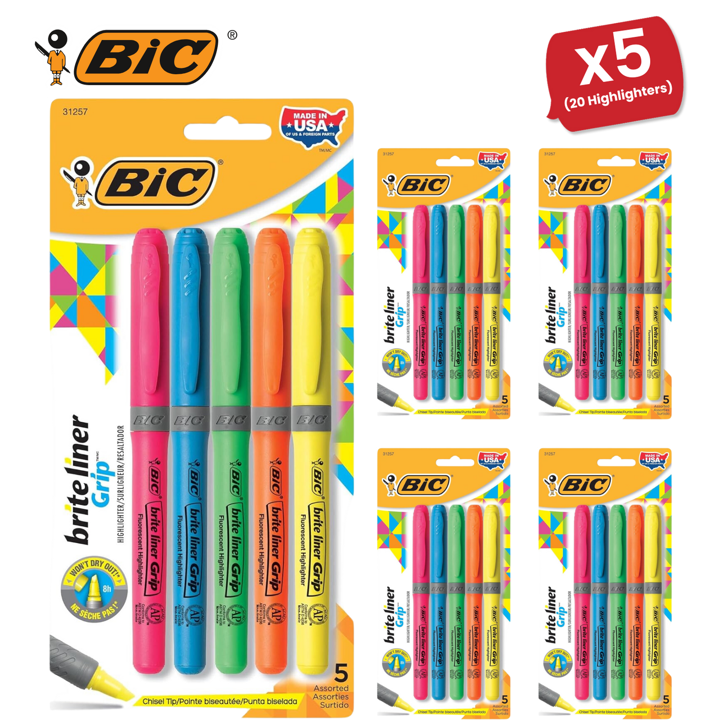 Bic brite liner Grip (1.6 to 3.3 mm) Chisel Tip Highlighter Pen Assorted (1 x Pack of 5 Highlighter Pens) - 1 to 5 Packs