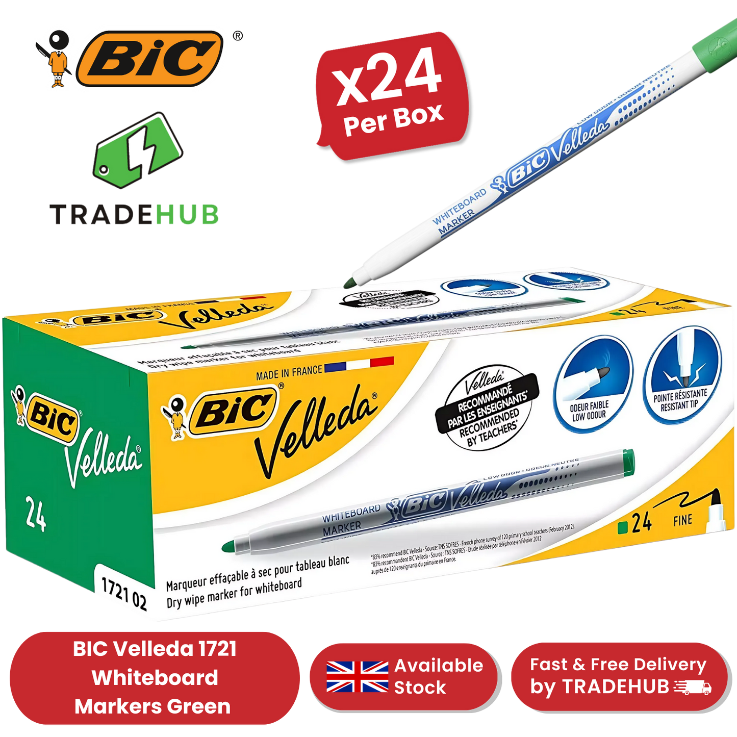 BiC Velleda 1721 Green Dry-Wipe Whiteboard Markers for Bold, Clean Writing, x24