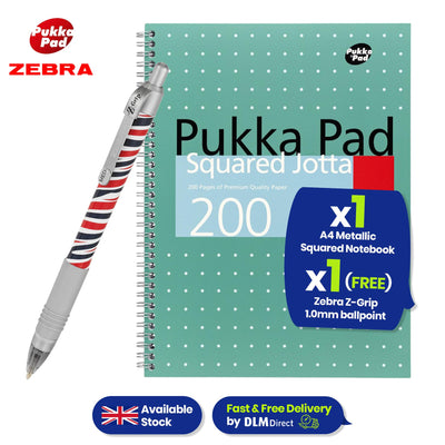 Pukka Pad A4 Metallic Squared 200 Page Notebook with Free Zebra Ballpoint