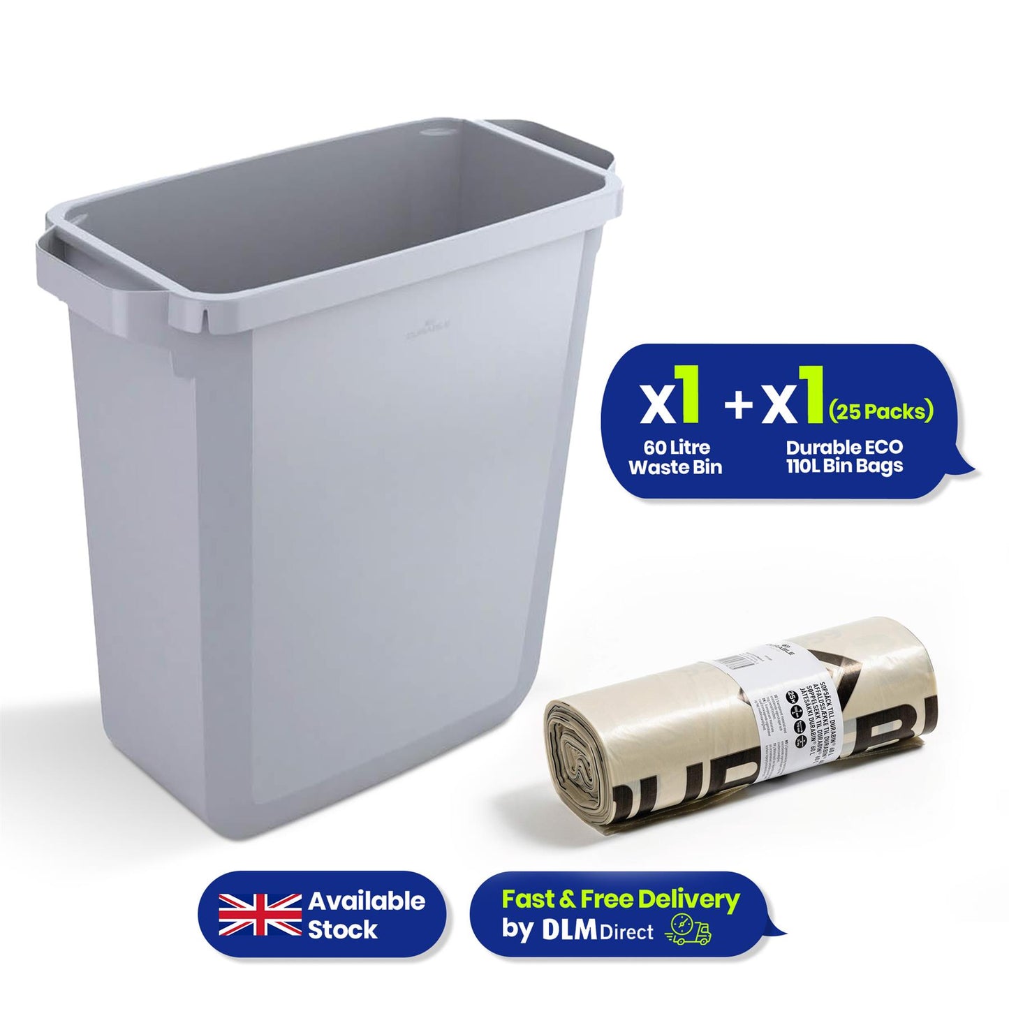 110L Bin Bags 25 Pack and 60L DURABIN Waste Bin Bundle Strong Recycled Plastic Set