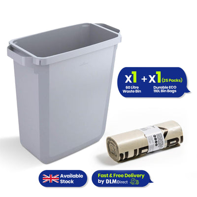 110L Bin Bags 25 Pack and 60L DURABIN Waste Bin Bundle Strong Recycled Plastic Set