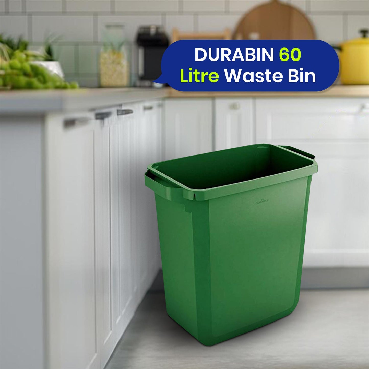 60L Durable DURABIN Green Plastic Waste Bin with Open Top & Handles for Home & Office