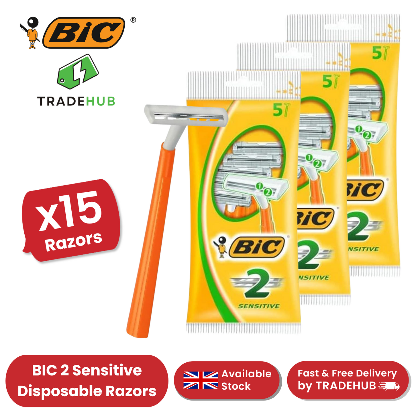 Bic 2 Sensitive Razors - Pack of 15 Razors