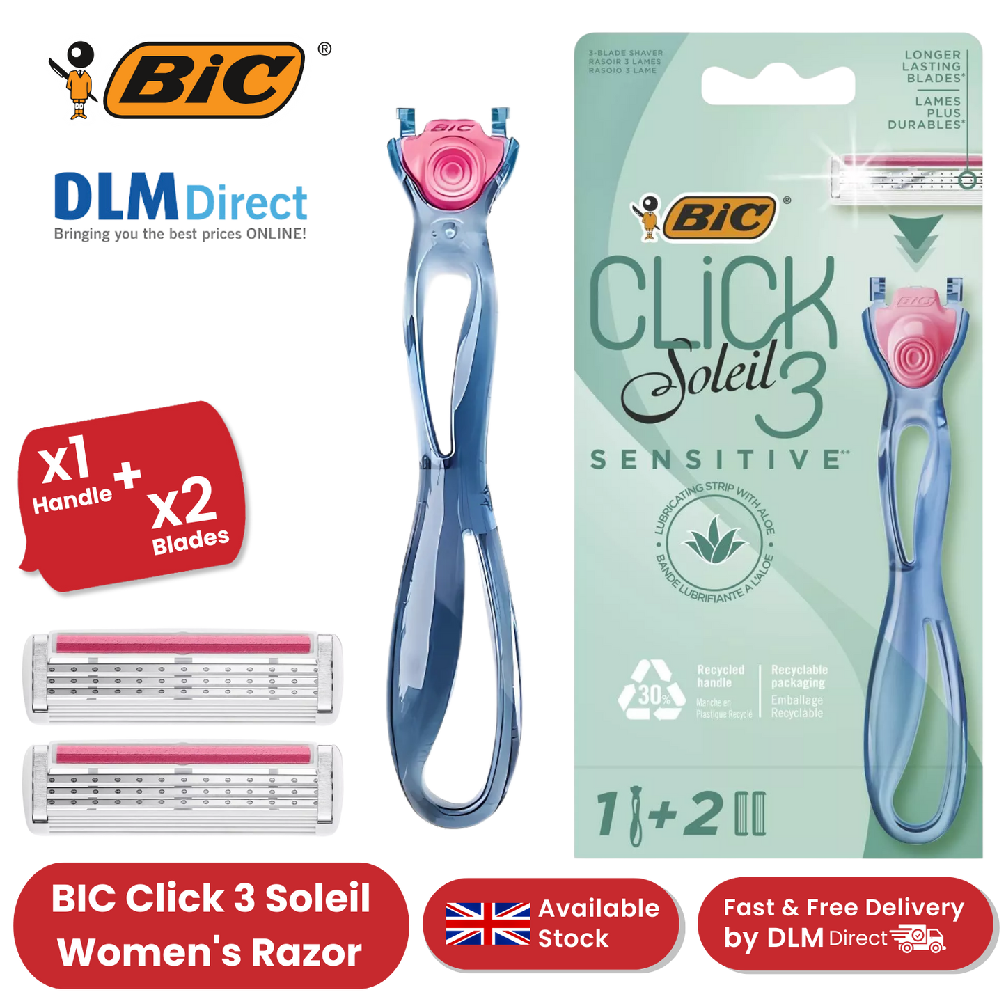 BIC Click 3 Soleil Sensitive Women's Razor Refills - 1 Handle + 4 Blades -1 to 5