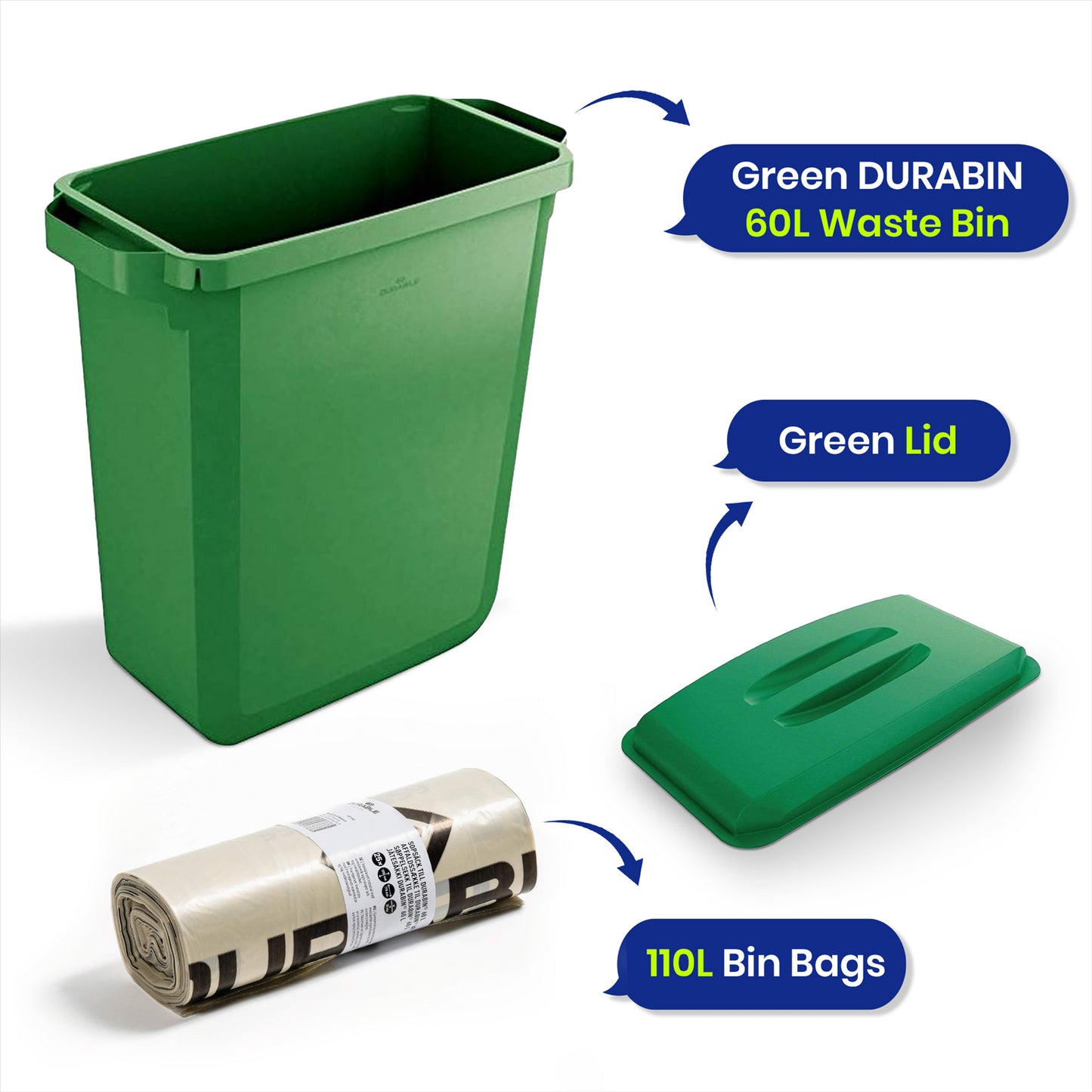 DURABIN 60L Green Bin Set & Green Lid and 25x 110L Recycled Bin Bags