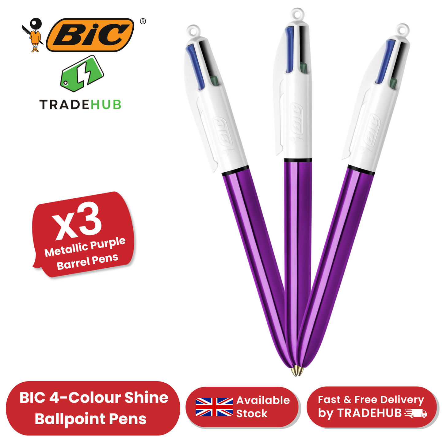 Bic 4 Colour Shine - Purple - Pack of 3
