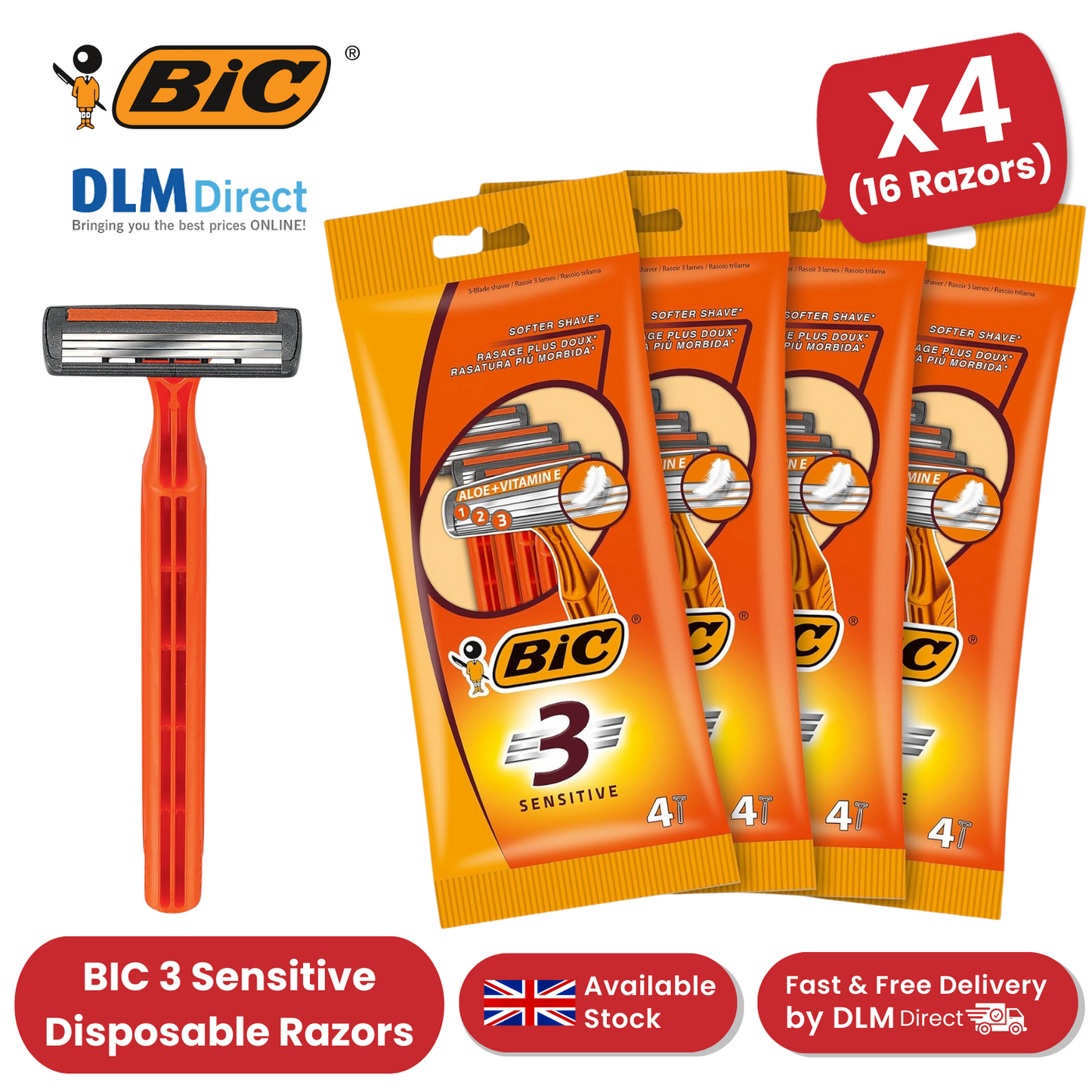 Bic 3 Sensitive Razors - 4 Packs (16 Razors)