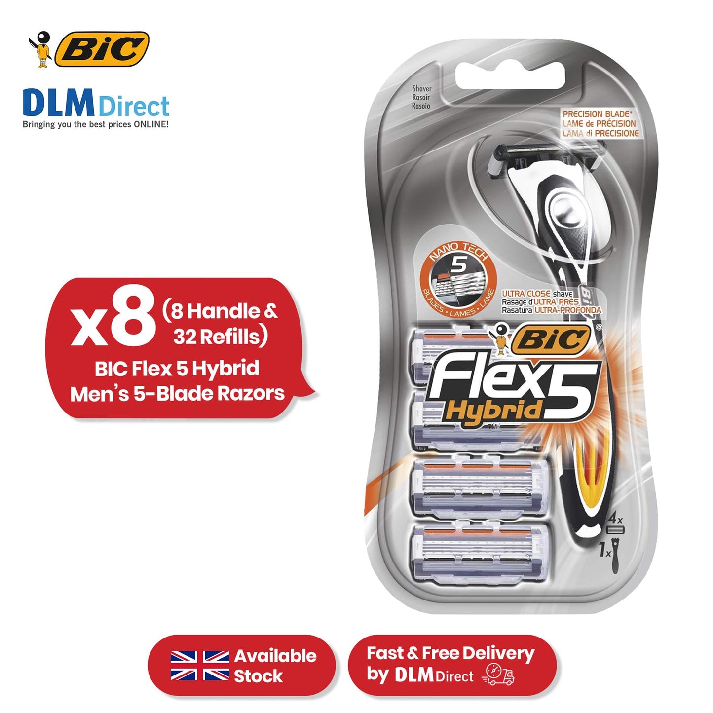 BIC Flex 5 Hybrid, Men's 5-Blade Razors, Precision Blade for Accuracy, Pack with 1 Handle and 4 Refills