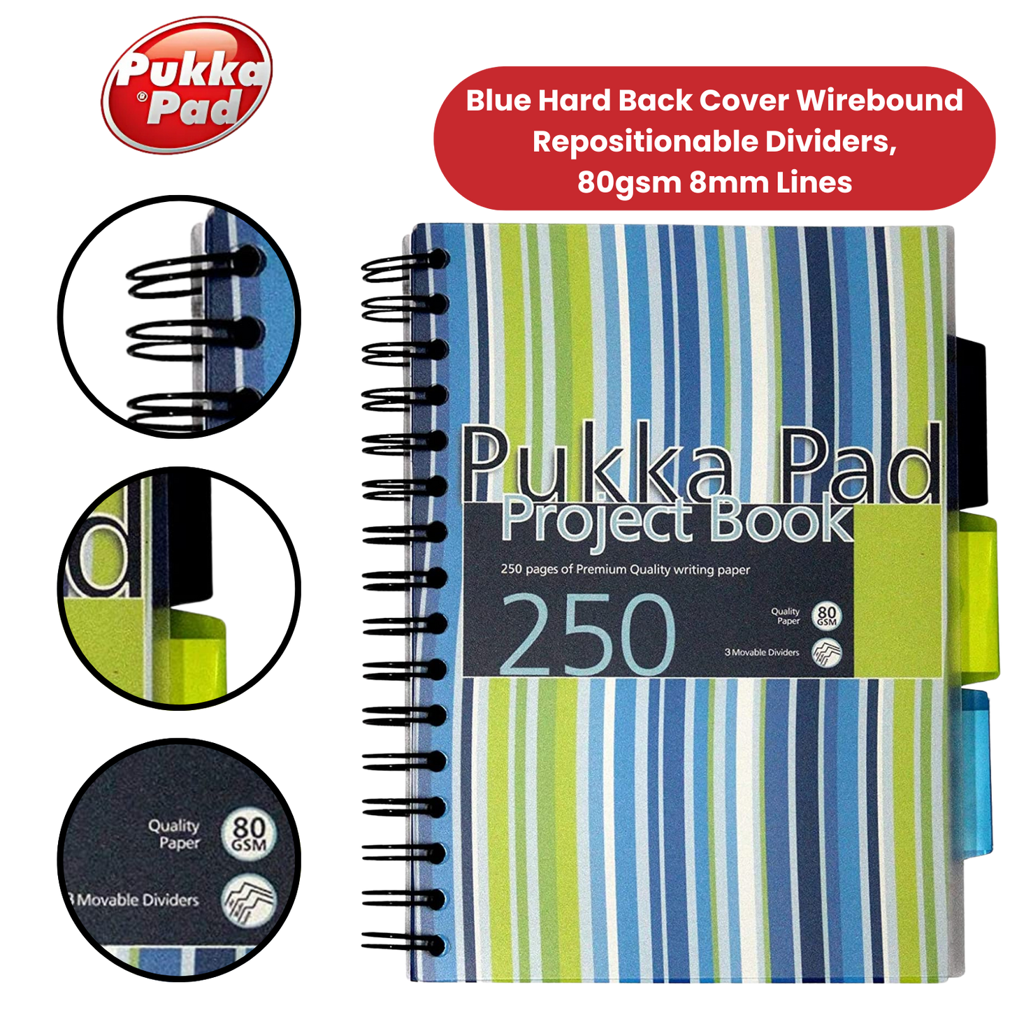 Pukka A5 Stripes Project Book, 250 Page, Lined, Single Notebook for Study & Work
