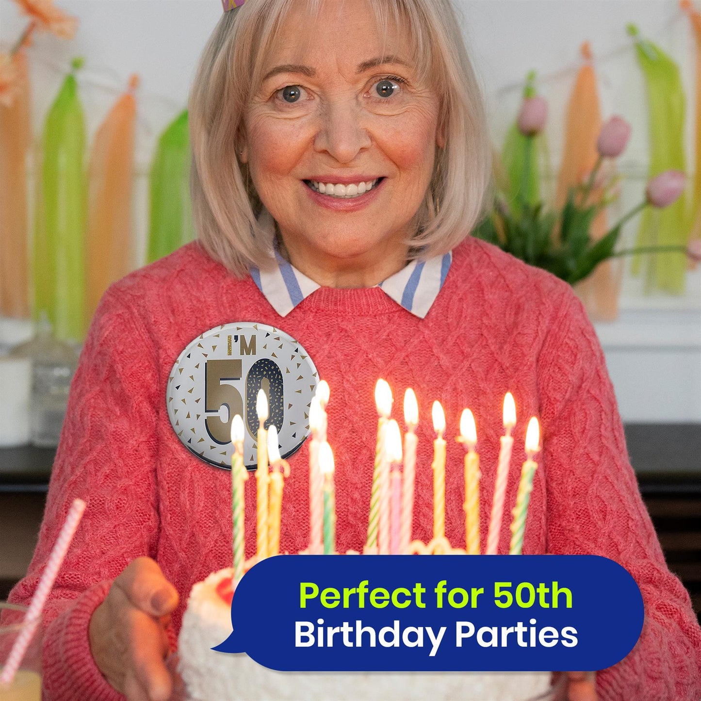 50th Birthday Decoration Set Silver Badge Black and White Banner and Bunting