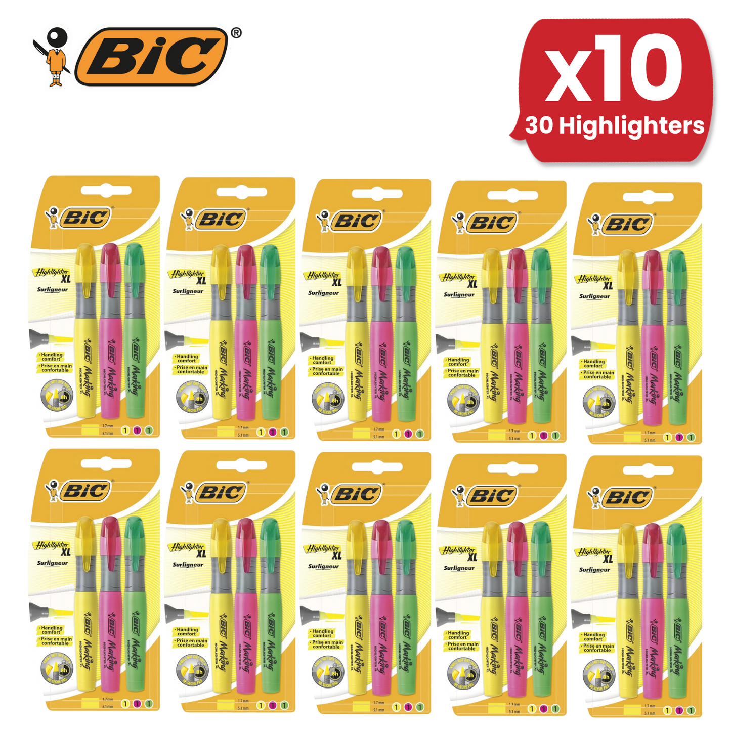 BIC Highlighters XL Assorted Fluorescent Colours 3 Pack