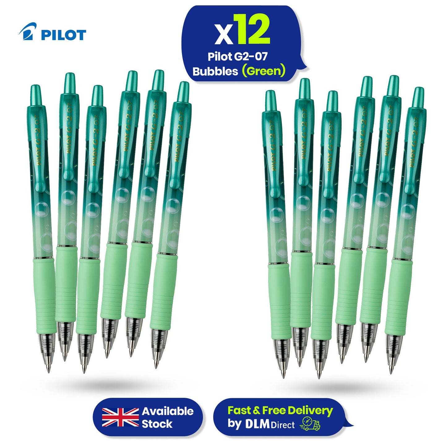 Pilot G2-07 Gel Pen Bubble Green Pack of 12 Blue Gel Ink 0.7mm Ergonomic Grip